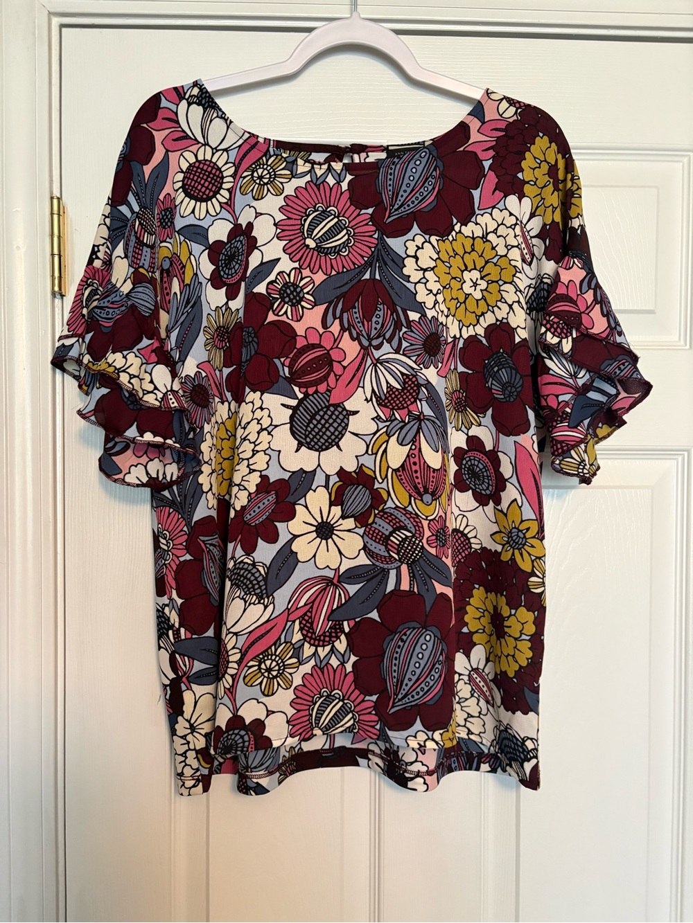 Ann Taylor Factory Ruffle Sleeve Women’s Top - burgundy Multi